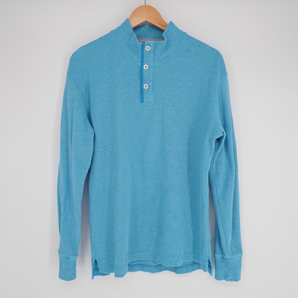 Relwen Waffle Knit Henley Shirt Mens L Aqua Blue 100% Cotton Heritage Classic